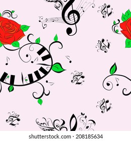 Vector Seamless Pattern of Music Notes and Rose