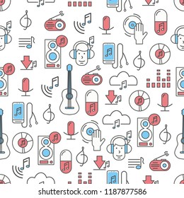 Vector seamless pattern with music and sound symbols, icons. Thin line art flat style design music background, wallpaper.