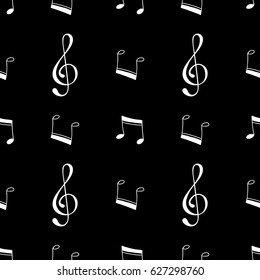 A vector seamless pattern of music stave notes with hand drawn elements and a clef; a black and white illustration