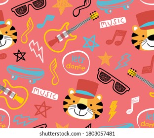 Vector Seamless Pattern Of Music Theme With Cute Tiger