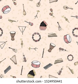 Vector seamless pattern with musical instruments. Multicolored hand drawn illustration in cartoon style.