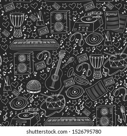 Vector seamless pattern with musical intstruments. Rock, jazz, disco, karaoke. Modern and classic music. Doodle style icons.