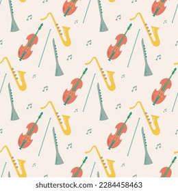 Vector seamless pattern of musical jazz instruments with notes. Isolated on beige background orchectra - violin, saxophone, clarinet.