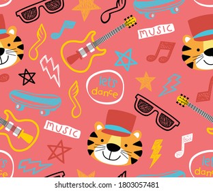 Vector seamless pattern of musical and skateboard elements with cute tiger cartoon