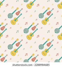 Vector seamless pattern of musical strings instruments with notes. Isolated on beige background orchectra - guitar, banjo, ukulele.