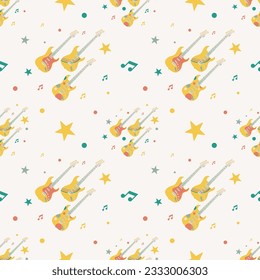 Vector seamless pattern with musical strings instruments, electric guitars, notes, stars and dots. 
