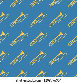 Vector seamless pattern for musical theme. Flat illustration of trombone on blue background. Gold, yellow,? orange, grey colors.