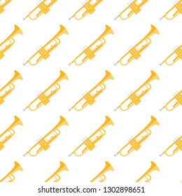 Vector seamless pattern for musical theme. Flat illustration of trumpet on white background. Element of design. Template, texture. Yellow, orange, gold, grey colors.