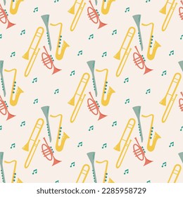 Vector seamless pattern of musical wind instruments with notes. Isolated on beige background orchectra - saxophone, clarinet, wind trumpet, trombone.