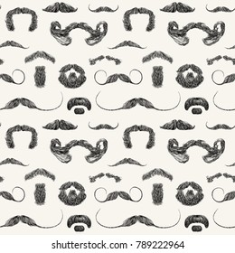 Vector seamless pattern with mustaches. Hand drawn illustration with fashionable men's hairstyles. Linear Graphics. Kinds and names of 
moustaches