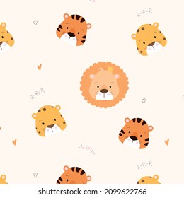 Vector seamless pattern with muzzles of cute lion, leopard and tiger. Pastel childrens background with animals. Wild cats for toddlers. Children's texture for fabric, textile, wallpaper, clothing. 