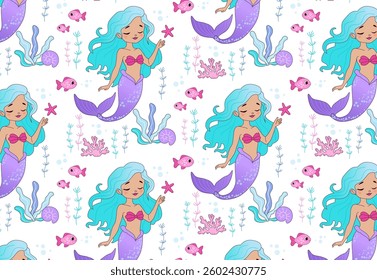 Vector seamless pattern with mysterious beautiful mermaid. Ocean, sea. Mermaid princess. Creative childish texture for fabric, packaging, textile, wallpaper.