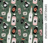 Vector seamless pattern with mysterious halloween potions on green background. Modern design for fabric and paper, surface textures. 