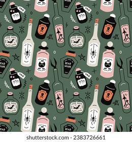 Vector seamless pattern with mysterious halloween potions on green background. Modern design for fabric and paper, surface textures. 