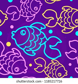 Vector seamless pattern with mysterious neon glowing fish in space. Vibrant fluorescent . Used as web wallpaper, poster, background.