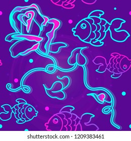 Vector seamless pattern with mysterious neon glowing rouse surrounded by fishes. Vibrant and fluorescent, blossomng wonderland. Used as web wallpaper, poster, background.