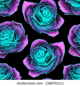 Vector seamless pattern with mysterious neon glowing roses. Vibrant and fluorescent, blossomng wonderland. Used as web wallpaper, poster, background.