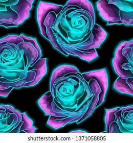 Vector seamless pattern with mysterious neon glowing roses. Vibrant and fluorescent, blossomng wonderland. Used as web wallpaper, poster, background.