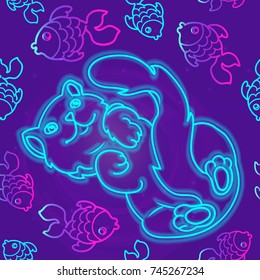 Vector seamless pattern with mysterious neon glowing cat is surrounded by fishes. Vibrant fluorescent cheshire cat under narcotic vision in wonderland. Used as web wallpaper, poster, background.