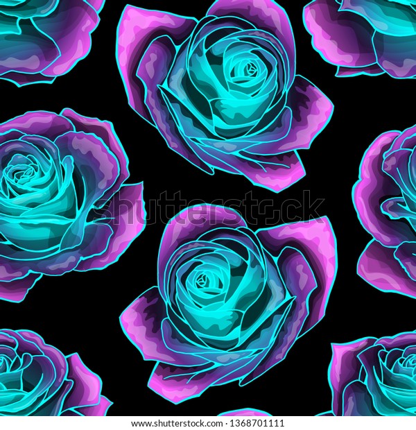 謎のネオンに輝くバラを使ったシームレスなベクター画像 鮮やかで蛍光に満ちた 花開く不思議な国 ウェブ壁紙 ポスター 背景に使用 のベクター画像素材 ロイヤリティフリー
