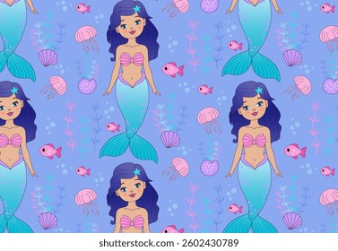 Vector seamless pattern with mysterious underwater princess, mermaid. Ocean, sea. Mermaid princess. Creative childish texture for fabric, packaging, textile, wallpaper.