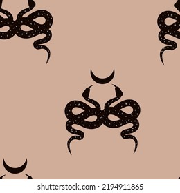 Vector seamless pattern. Mystic celestial serpent background. Boho flat design for fabric, textile, wrapping paper and wallpaper. Repeating image with snakes. Mysticism, esotericism, magic,witchcraft.