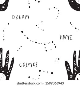 Vector seamless pattern of mystic  cosmos, constellation, moon and stars with phrases. Great for fabric, wrapping paper. Aztec stile, tribal art, ethnic collection, design isolated on white background