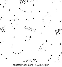 Vector seamless pattern of mystic cosmos, constellation, moon and stars with phrases. Great for fabric, wrapping paper. Aztec stile, tribal art, ethnic collection, design isolated on white background 