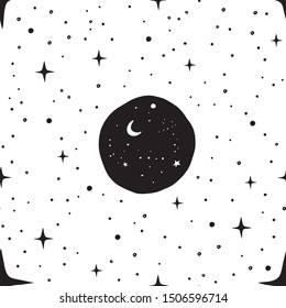 Vector seamless pattern mystic, moon and stars. Great for fabric, wrapping paper. Aztec stile, tribal art, ethnic collection, design isolated on white background.