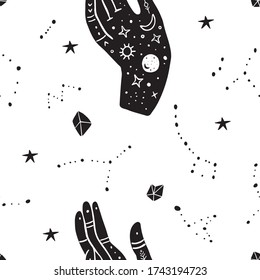 Vector seamless pattern of mystic mudra hands, cosmos, constellation, moon and stars. Great for fabric, wrapping paper. Aztec stile, tribal art, ethnic collection, design isolated on white background.