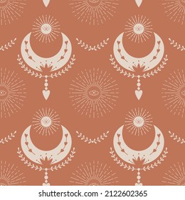 Vector Seamless pattern with mystical celestial symbols, crescent moon, twigs, sun, rays. Backdrop for wrapping paper, scrapbooking, fabric, textiles, wallpaper, pillows, stationary design.