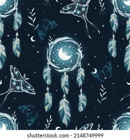 Vector seamless pattern with mystical celestial elements, dreamcatcher, crescent moon, hanging feathers. Backdrop for wrapping paper, scrapbooking, fabric, textiles, wallpaper, pillows