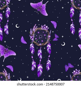 Vector seamless pattern with mystical celestial elements, dreamcatcher, crescent moon, hanging feathers. Backdrop for wrapping paper, scrapbooking, fabric, textiles, wallpaper, pillows