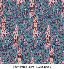 Vector seamless pattern. Mystical motif, gypsy bohemian style. Hands and leaves