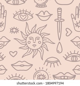 Vektornahtloses Muster mystischer Symbole Lippen, Augen, Dagger, Sonne im Dodle-Stil. Einzeln auf weißem Hintergrund im Tätowierungsstil. Druck für Stoff, Tapete, Papier. Hand mit Auge, Lippen und Zunge