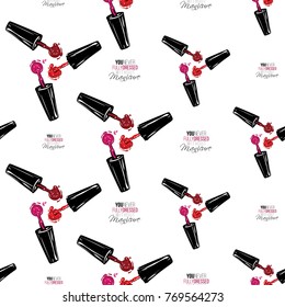 Vector seamless pattern with nail polish brushes and you never fully dressed without manicure text. Watercolor style graphic on white background. Fashion illustration for beauty salon, uniform concept