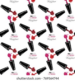 Vector seamless pattern with nail polish brushes and you never fully dressed without manicure text. Watercolor style graphic on white background. Fashion illustration for beauty salon, uniform concept