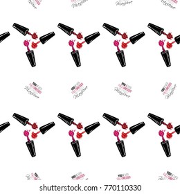 Vector seamless pattern with nail polish brushes and you never fully dressed without manicure text. Watercolor style graphic on white background. Fashion illustration for beauty salon, uniform concept