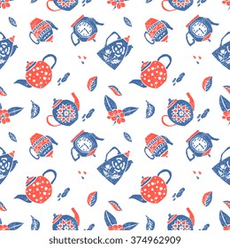 Vector seamless pattern in naive lino style, teapots Print for textile, menu, tableware and other decoration