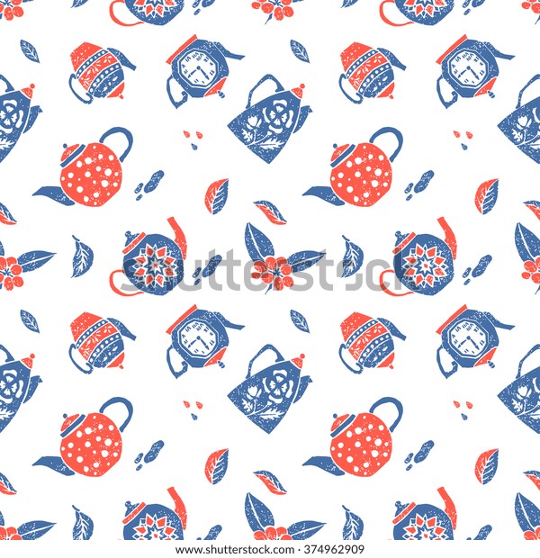 Vector Seamless Pattern Naive Lino Style Stock Vector Royalty