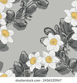 
Vector patrón sin fisuras con flores narcisas y ramitas con hojas. Ilustración dibujada a mano de flores de primavera.