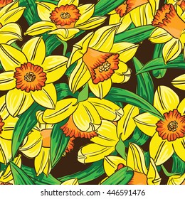 Vector seamless pattern with narcissus flowers in line art style