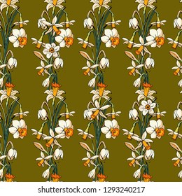 Vector seamless pattern with narcissus on green background