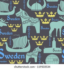 Vector seamless pattern with national symbols of Sweden on the blue background