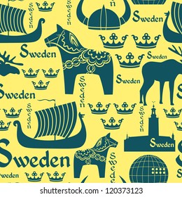 Vector seamless pattern with national symbols of Sweden on the yellow background