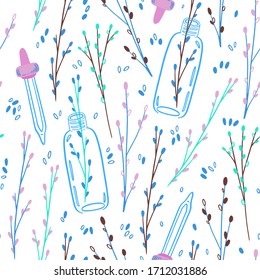 Vector seamless pattern with natural cosmetics concept. Elegant twigs and vials illustration. Herbal floral endless background with empty bottles for homemade cosmetic. Handmade organic cosmetic.