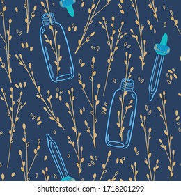 Vector seamless pattern with natural cosmetics concept. Elegant twigs and vials illustration. Herbal floral endless background with empty bottles for homemade cosmetic. Handmade organic cosmetic.