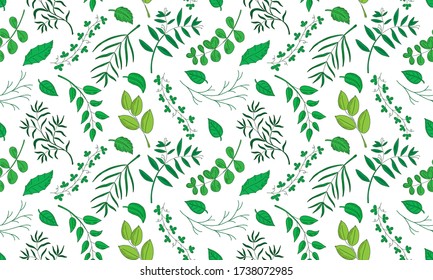 Vector seamless pattern with natural green leaves, herbs, grass and branch. Vintage sketches hand drawn illustration background. Line art style.