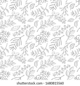 Vector seamless pattern with natural leaves, herbs, grass and branch. Vintage sketches hand drawn illustration background. Line art style.