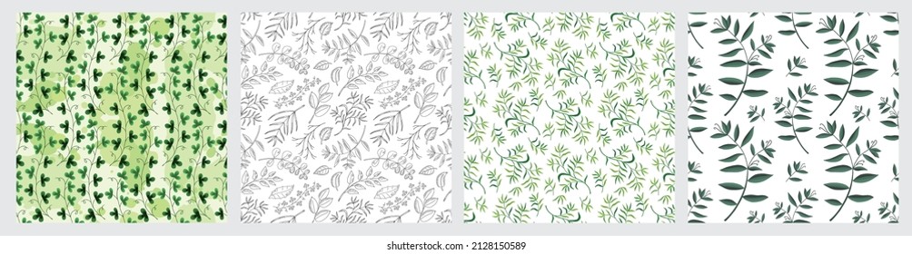 Patrón vectorial sin fisuras con hojas naturales, hierbas, hierba y rama. Dibujos antiguos dibujados a mano fondo de ilustración. Estilo de arte de línea.